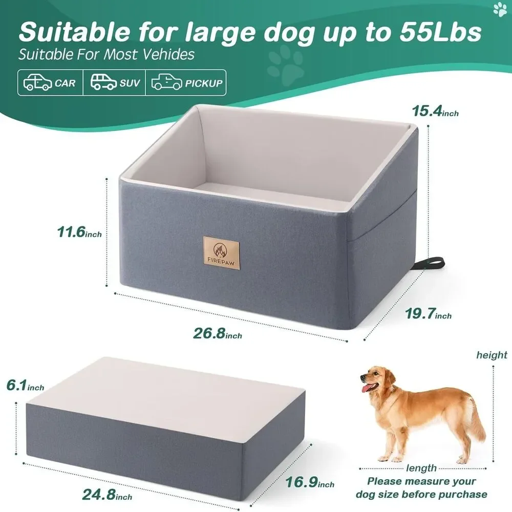 Gray Dog Car Booster Seat for Large Dogs Under 55Lbs Washable w Storage Pockets